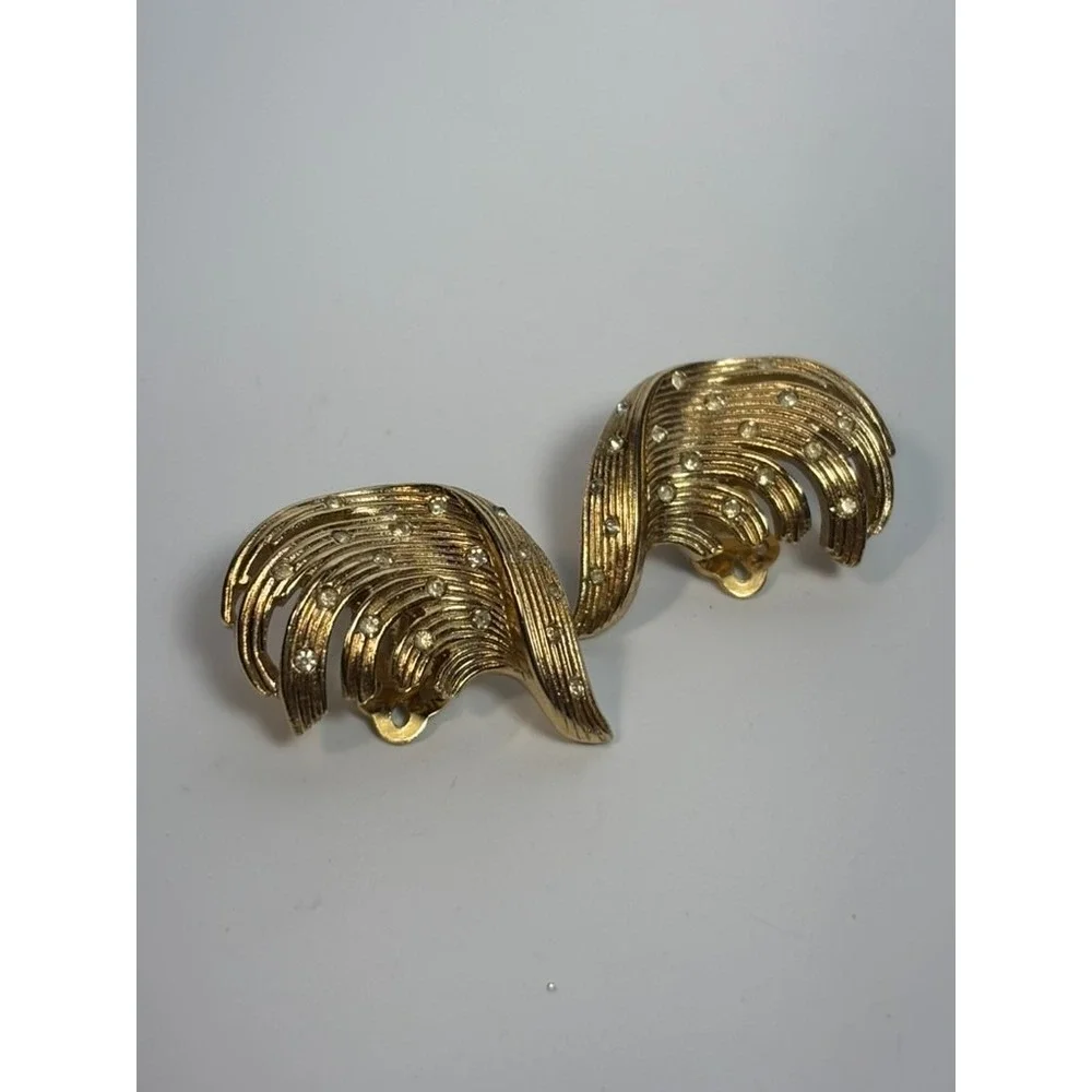 Earrings Statement‎ Pieces Vintage Elegant Gold Tone Rhinestone Feather